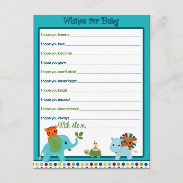 Animal Parade Wishes for Baby Advice Cards (Front)