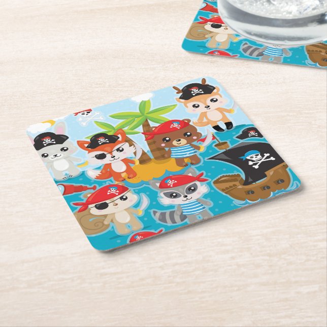 Animal Party Pirate Square Paper Coaster (Angled)