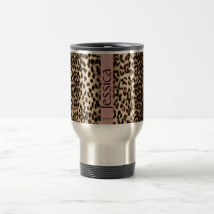 Animal pattern, brown, pink, monogram travel mug