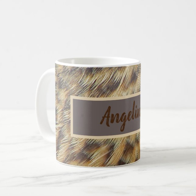 Animal Pattern Photo Brown and Gold Feathers Coffee Mug (Front Left)