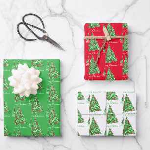 Animal Paw Green Christmas Tree 3 Colour Wrapping Paper Sheet