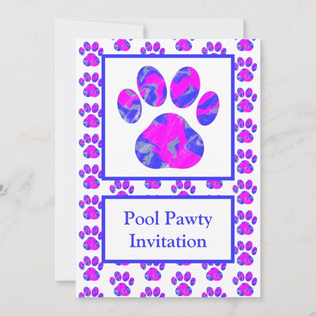 Animal Paw Pink Blue Silhouette Pool Pawty Blue Invitation (Front)