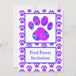 Animal Paw Pink Blue Silhouette Pool Pawty Blue Invitation