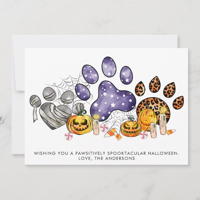 Animal Paw Prints Pumpkin Dog Cat Pet Halloween Holiday Card (Front)