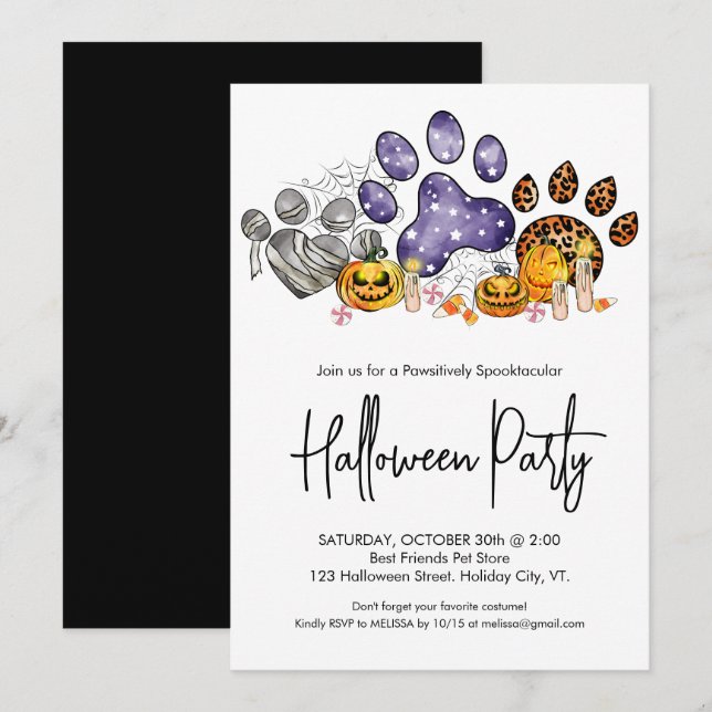 Animal Paw Prints Pumpkin Pet Dog Halloween Party Invitation (Front/Back)