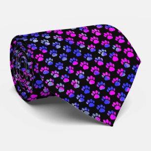 Animal Paw Silhouette Blue Pink on Black Neck Tie