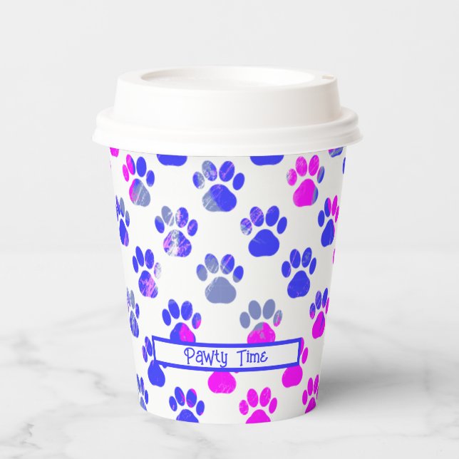 Animal Paw Silhouette Blue Pink Pawty Paper Paper Cups (Front)