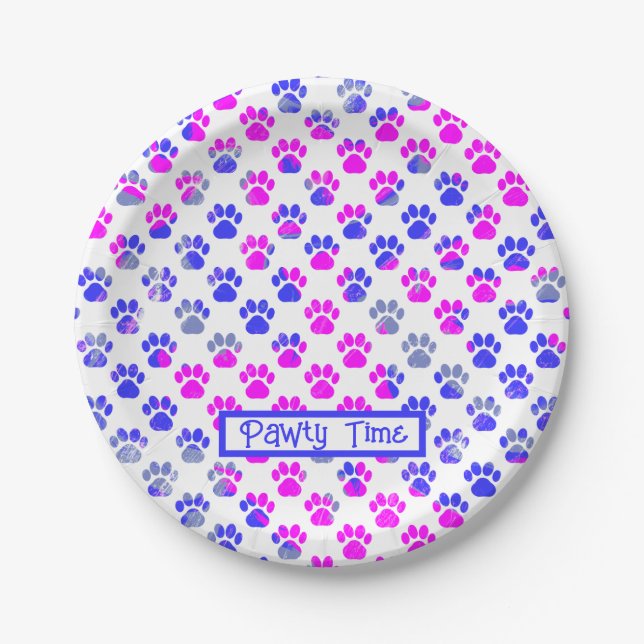 Animal Paw Silhouette Blue Pink Pawty Paper Paper Plate (Front)