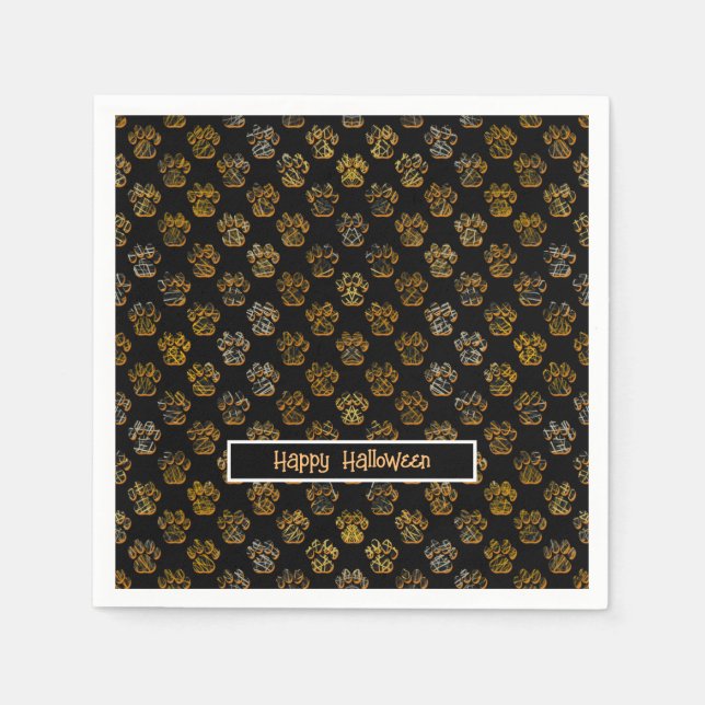 Animal Paw Silhouette Halloween Pawty Black Napkin (Front)