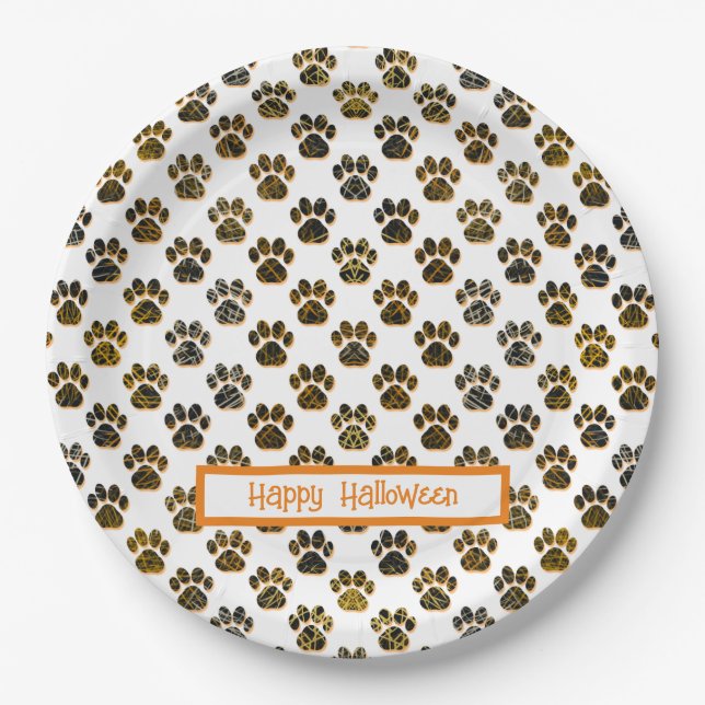 Animal Paw Silhouette Halloween Pawty White Paper Plate (Front)