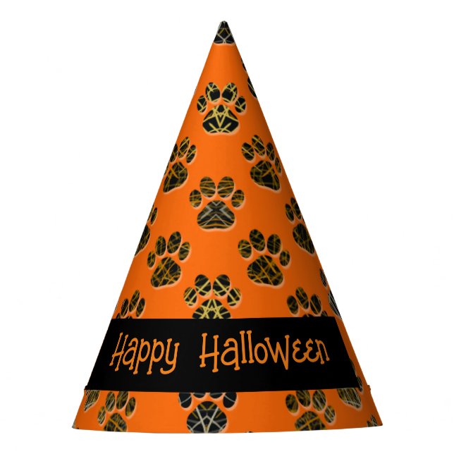 Animal Paw Silhouette Happy Halloween Orange Party Hat (Front)
