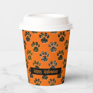 Animal Paw Silhouette Pets Happy Halloween Orange Paper Cups