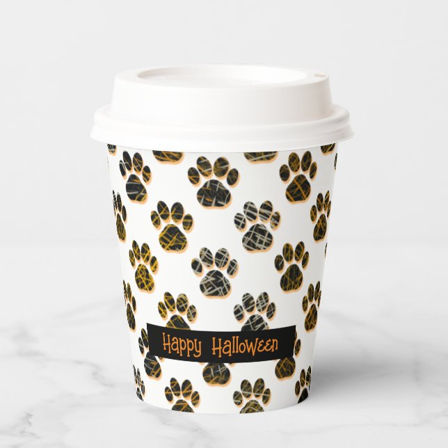 Animal Paw Silhouette Pets Happy Halloween White Paper Cups (Front)