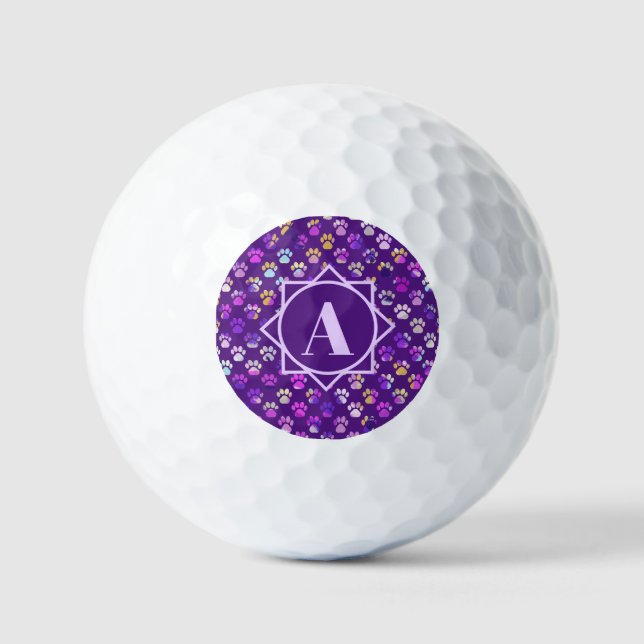 Animal Paw Silhouette Purple Custom Monogram Golf Balls (Front)
