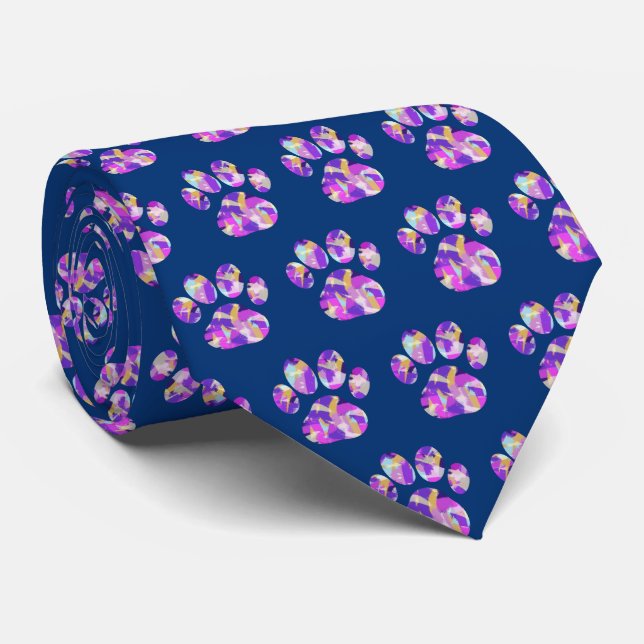 Animal Paw Silhouette Purple Pink on Blue Neck Tie (Rolled)