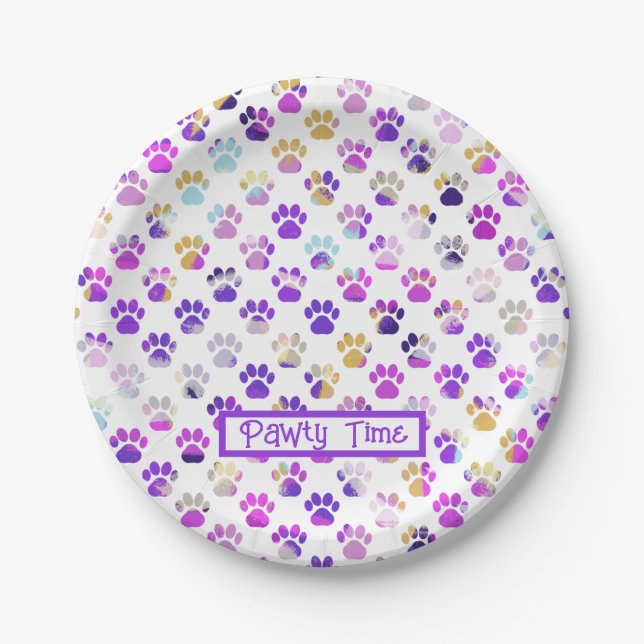 Animal Paw Silhouette Purple Pink Pawty Paper Paper Plate (Front)