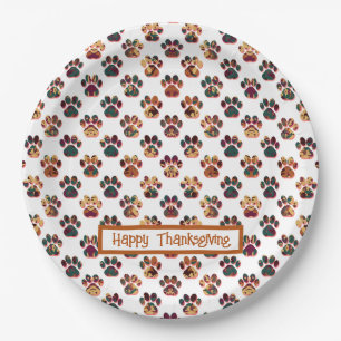 Animal Paw Silhouette Thanksgiving Pawty White Paper Plate