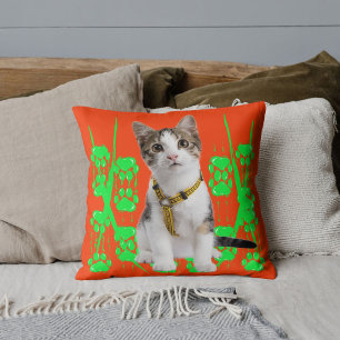 Animal Pet Cat Photo Lime Pattern Orange Custom Cushion