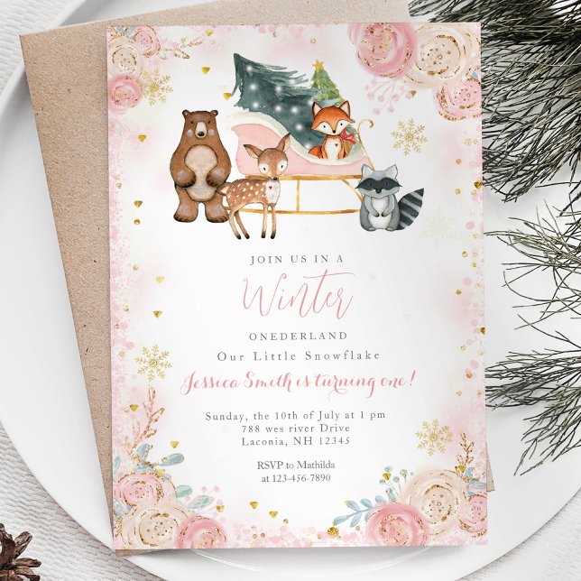 Animal Pink Winter Onederland 1st birthday Invitation (Creator Uploaded)
