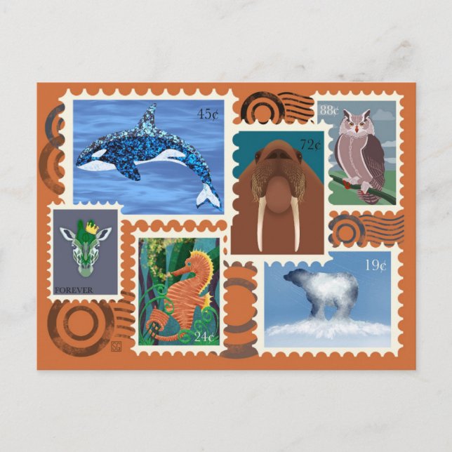 Animal Postage Stamps Postcards (Front)