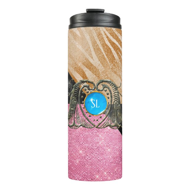 Animal Print and Sequins Marble Gemstone Monogram Thermal Tumbler (Front)