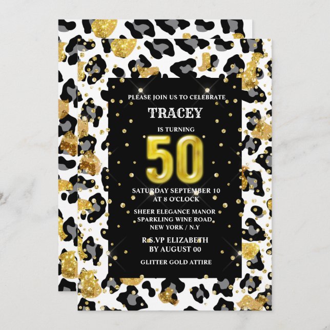 Animal print black gold glitter fur pattern invitation (Front/Back)