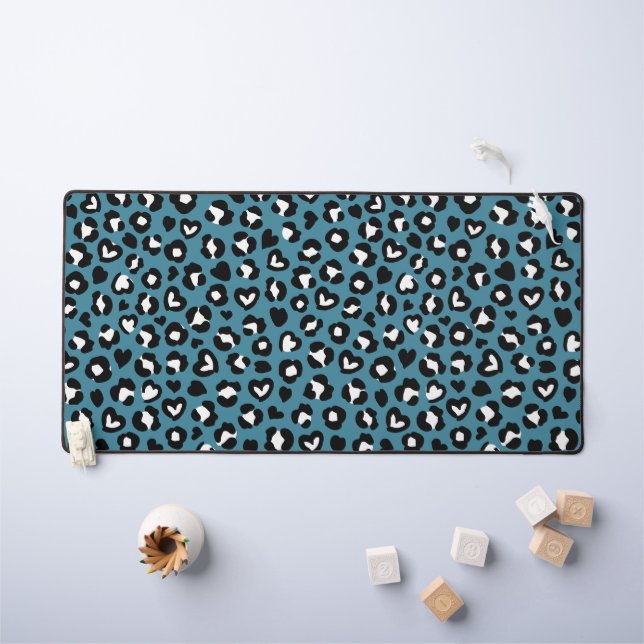 Animal Print, Blue Leopard, Cheetah Spots, Hearts Desk Mat (Kids Table)