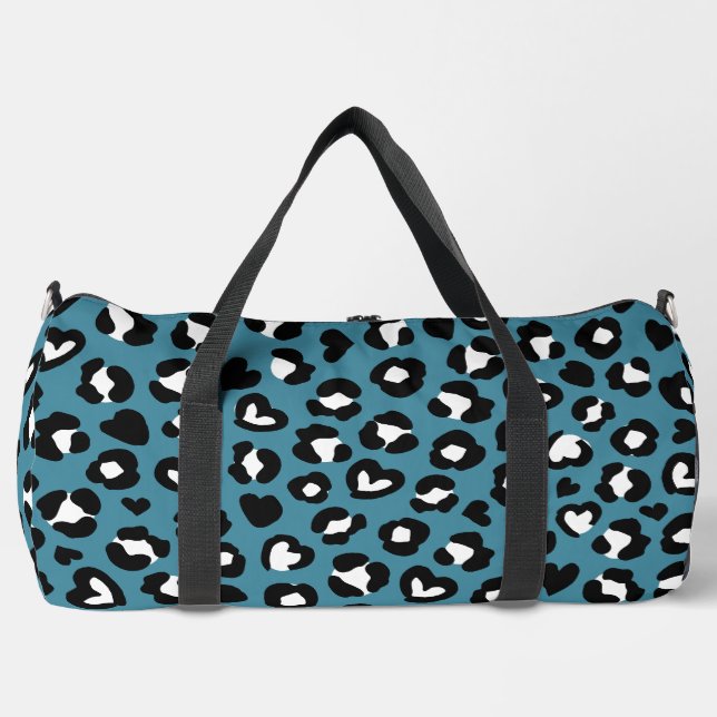 Animal Print, Blue Leopard, Cheetah Spots, Hearts Duffle Bag (Front)