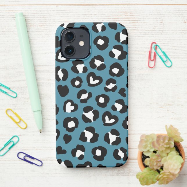 Animal Print, Blue Leopard, Cheetah Spots, Hearts iPhone Case (On Desk)