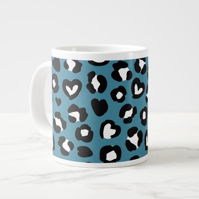 Animal Print, Blue Leopard, Cheetah Spots, Hearts Large Coffee Mug (Front Left)
