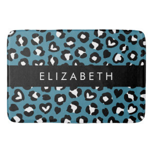 Animal Print, Blue Leopard, Hearts, Your Name Bath Mat