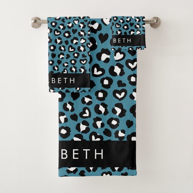 Animal Print, Blue Leopard, Hearts, Your Name Bath Towel Set (Insitu)