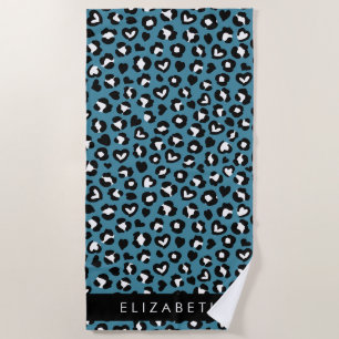 Animal Print, Blue Leopard, Hearts, Your Name Beach Towel