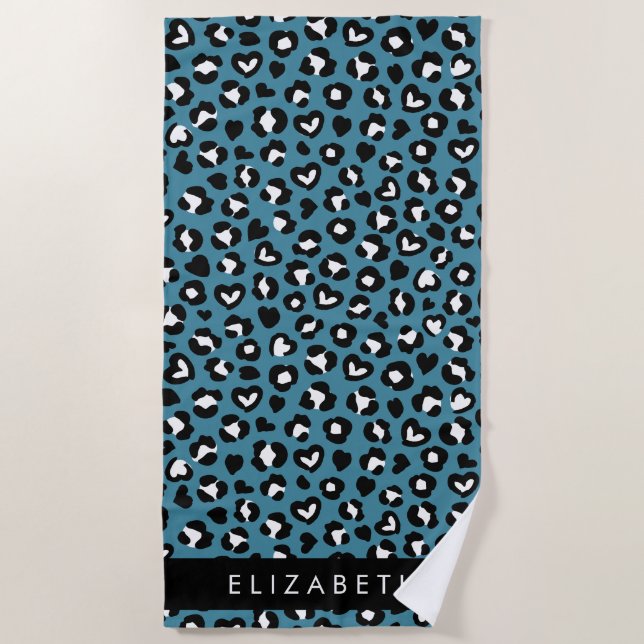 Animal Print, Blue Leopard, Hearts, Your Name Beach Towel (Front)