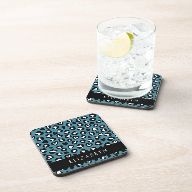 Animal Print, Blue Leopard, Hearts, Your Name Coaster (Right Side)