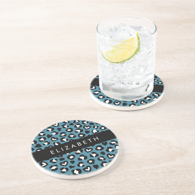 Animal Print, Blue Leopard, Hearts, Your Name Coaster (Side)
