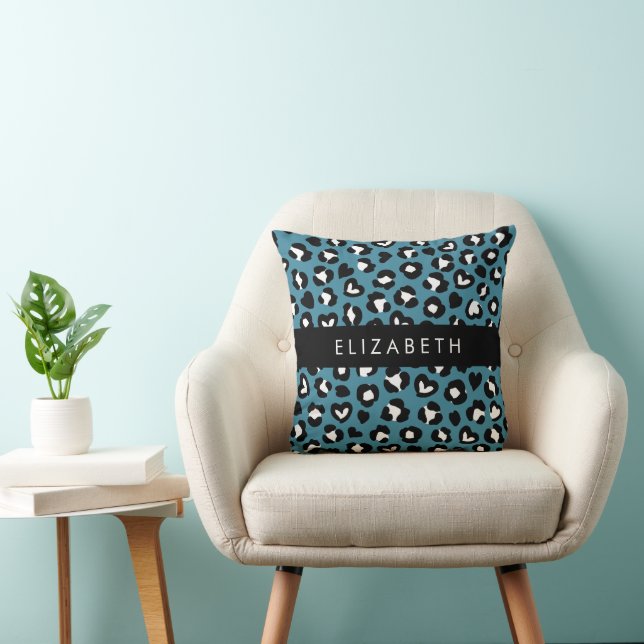 Animal Print, Blue Leopard, Hearts, Your Name Cushion (Chair)