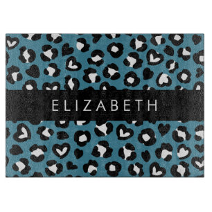 Animal Print, Blue Leopard, Hearts, Your Name Cutting Board