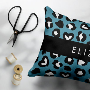 Animal Print, Blue Leopard, Hearts, Your Name Decorative Cushion