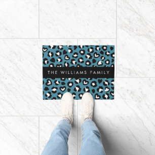 Animal Print, Blue Leopard, Hearts, Your Name Doormat