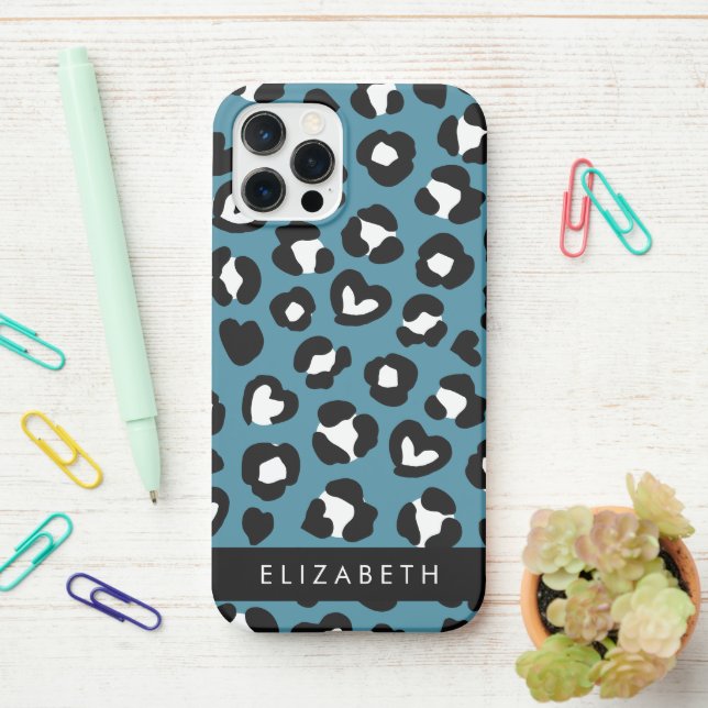 Animal Print, Blue Leopard, Hearts, Your Name iPhone Case (On Desk)