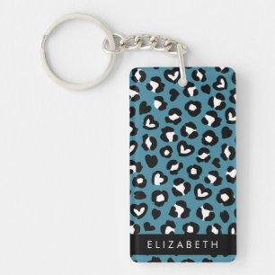 Animal Print, Blue Leopard, Hearts, Your Name Key Ring