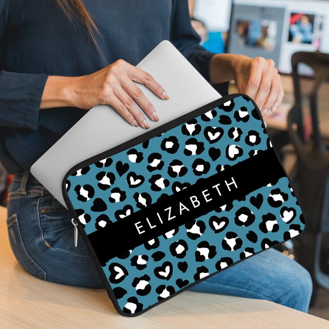 Animal Print, Blue Leopard, Hearts, Your Name Laptop Sleeve (Creator Uploaded)