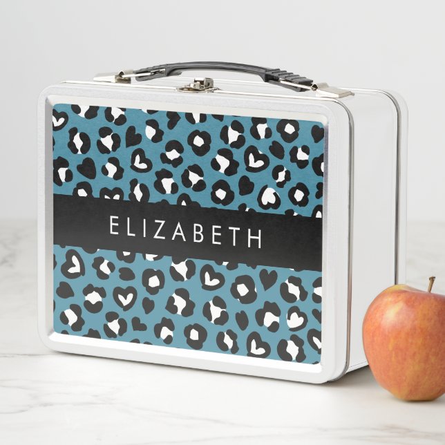 Animal Print, Blue Leopard, Hearts, Your Name Metal Lunch Box (In Situ)