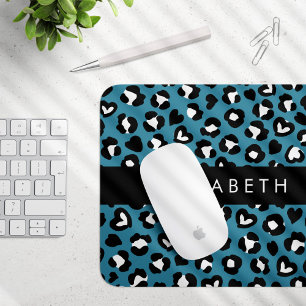 Animal Print, Blue Leopard, Hearts, Your Name Mouse Mat