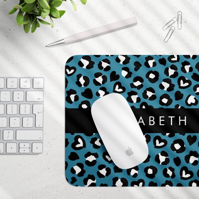 Animal Print, Blue Leopard, Hearts, Your Name Mouse Mat (Creator Uploaded)