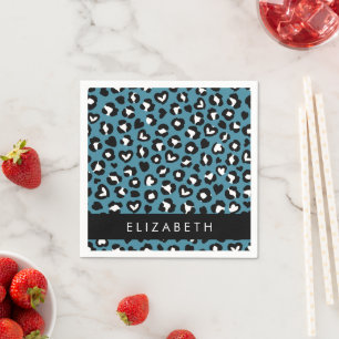 Animal Print, Blue Leopard, Hearts, Your Name Napkin