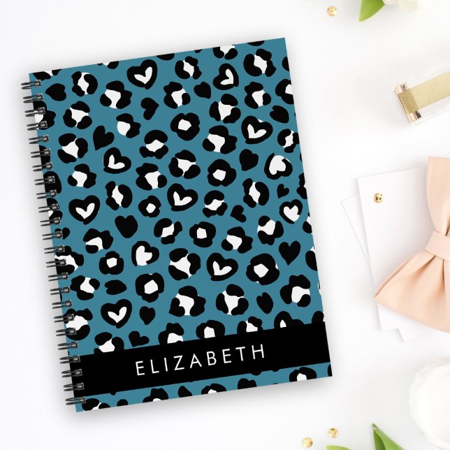 Animal Print, Blue Leopard, Hearts, Your Name Notebook (Creator Uploaded)