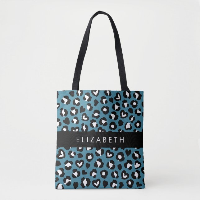 Animal Print, Blue Leopard, Hearts, Your Name Tote Bag (Front)