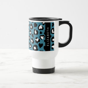 Animal Print, Blue Leopard, Hearts, Your Name Travel Mug